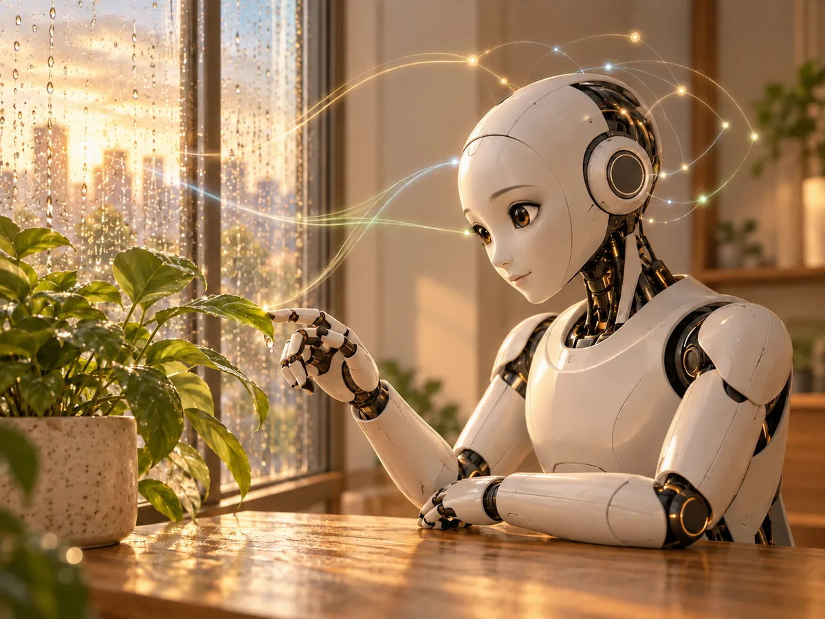 A humanoid robot perceiving light, weather and touch, forming a continuous life narrative